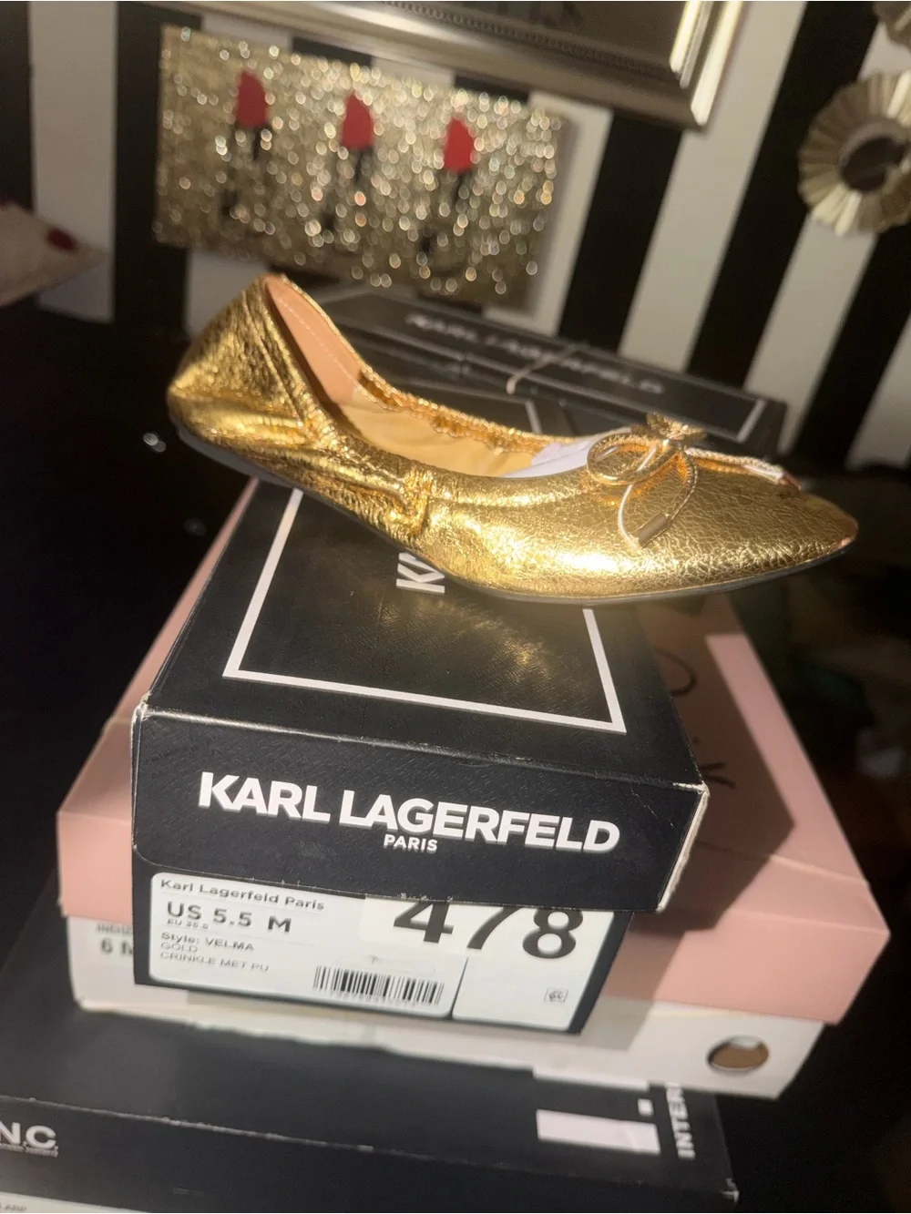 Karl Lagerfeld Metallic Gold Bow Ballet Flat